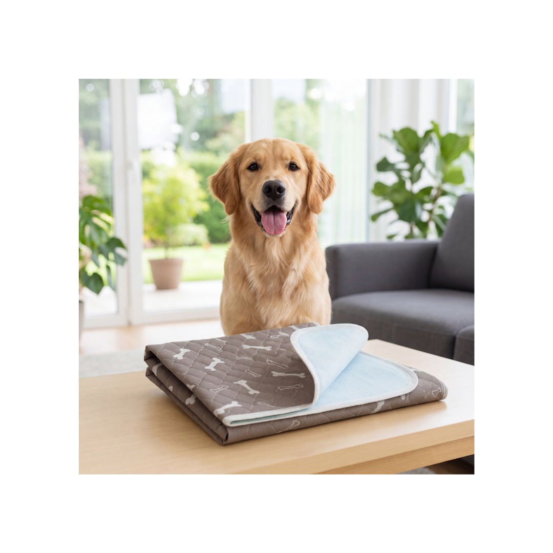 TinyOops washable dog mat on hardwood